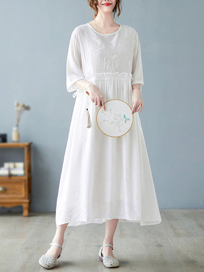 Artistic Retro Loose Solid Color Embroidered Drawstring Midi Dress