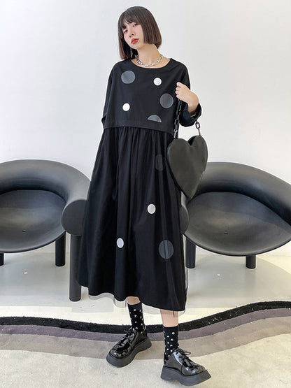 Stylish Split-Joint Pleated Polka-Dot Round-Neck Long Sleeves Midi Dress