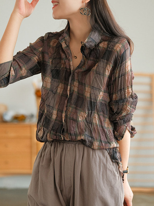 Vintage Printed Buttoned Pleated Lapel Long Sleeves Blouse Tops