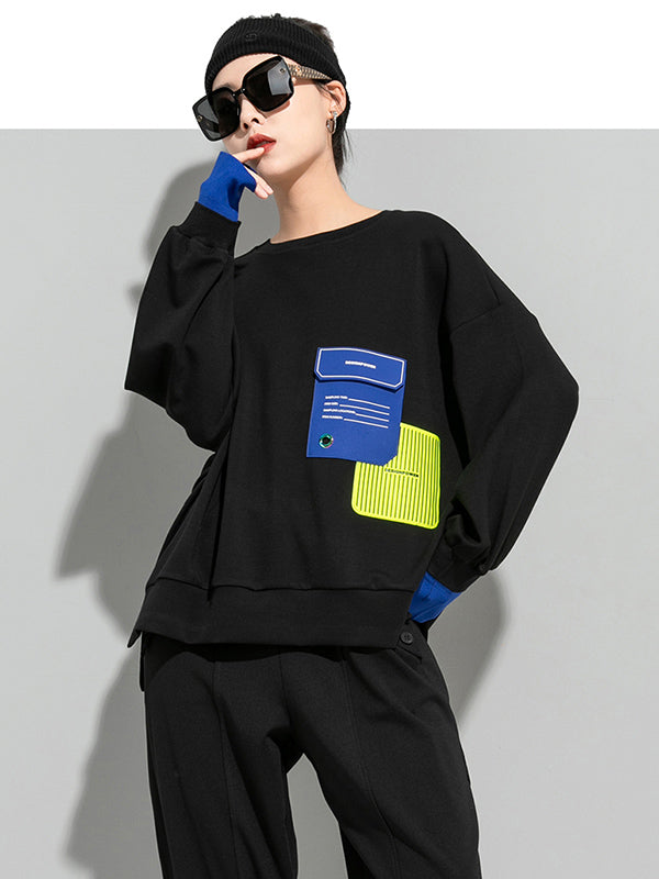 Casual Cool Contrast Color Split-Joint Letter Printed Round-Neck Long Sleeves Sweatshirts