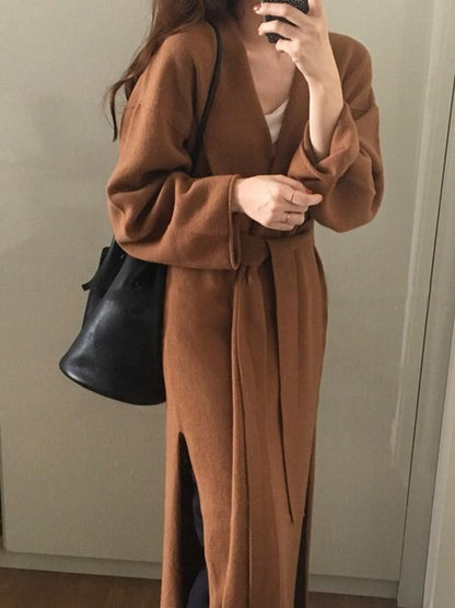 SPLIT-SIDE LACE-UP LONG SWEATER