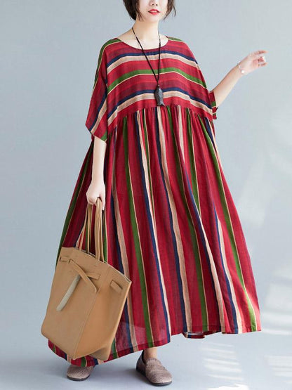 Loose Retro Striped Round-neck Long Dress