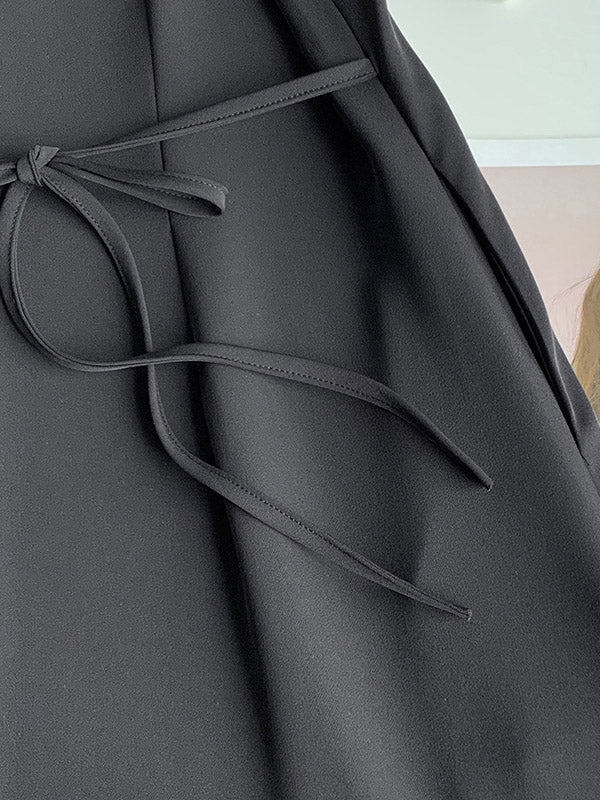 Urban Solid Color Bandage A-Line Lapel Short Sleeves Midi Dress