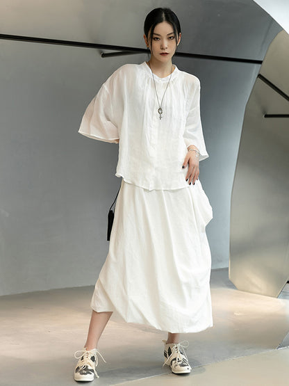 Casual Ramie Cotton Asymmetric Solid Color Irregular Tiered Loose Skirts