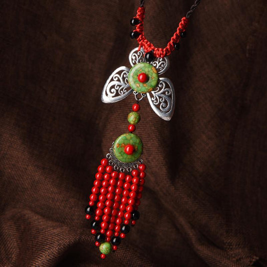 Exaggerated Style Red Butterfly Tassel Long Necklace