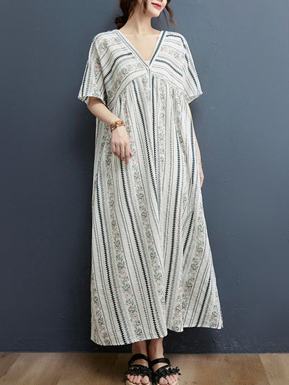 Floral Printed Casual V-Neck Buttoned Midi Dress