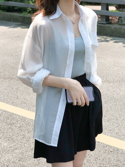 Casual Loose Solid Color Lapel Collar Long Sleeves Shirts