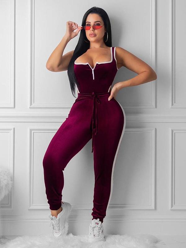 Drawstring Velvet Bodysuits&Pants Sports Suits