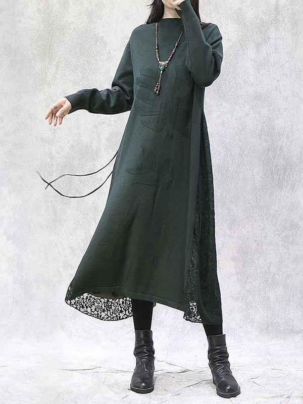 Artistic Retro Solid Color Split-Joint Embroidered Falbala Hollow Lace Tied Stand Collar Long Sleeves Knitted Sweater Dress