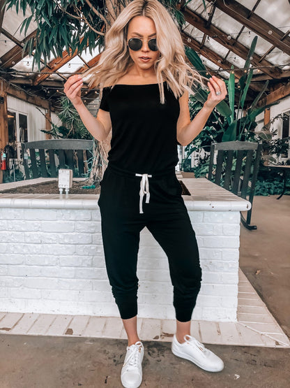Short Sleeved With Slanted Shoulder Athleisure Jumpsuits