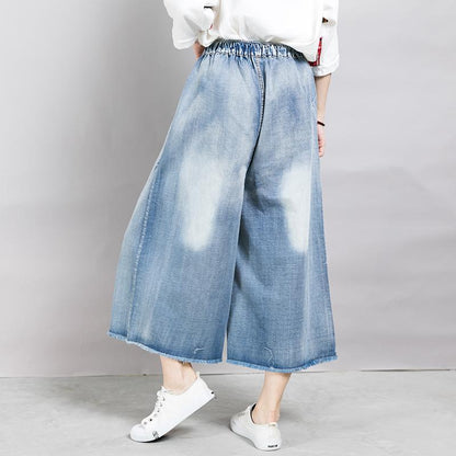 Casual Embroidered Flowers Wide Leg Jeans
