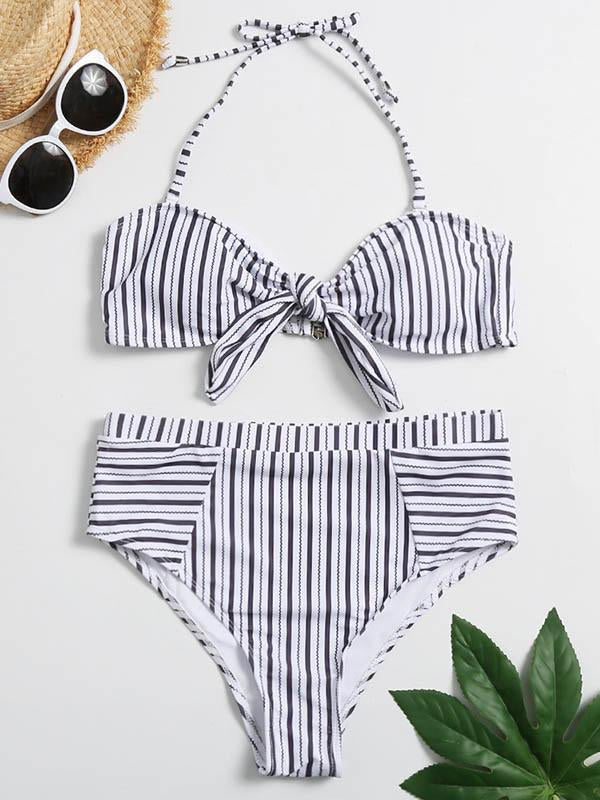 Striped Printed Knotted Split Bikini Swimsuit