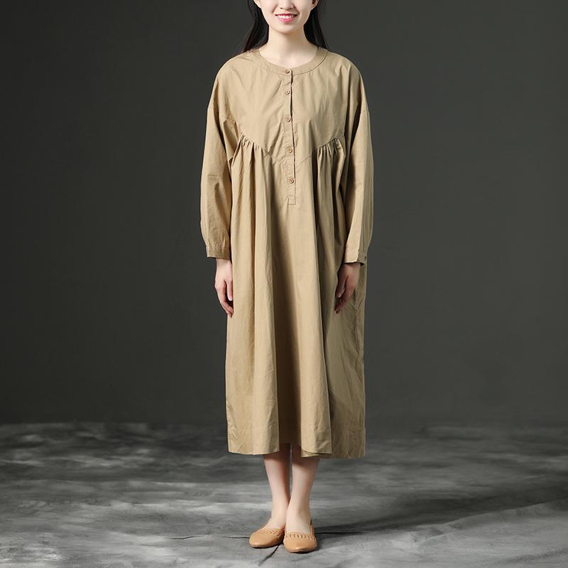 Cotton Khaki Casual Shoulder Sleeves Long Dresses