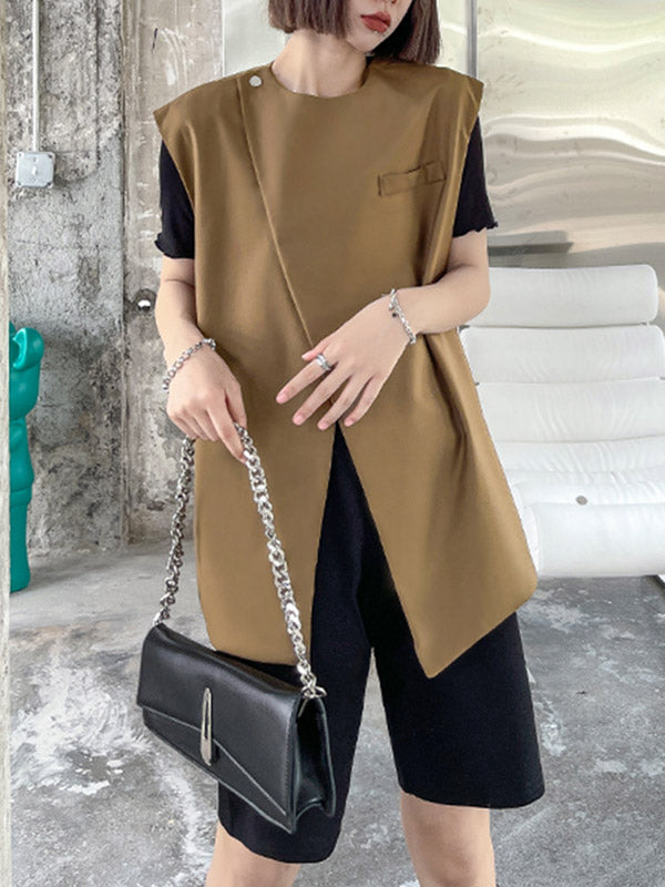 Urban Irregular Solid Color Buttoned Round-Neck Sleeveless Vest Outwear