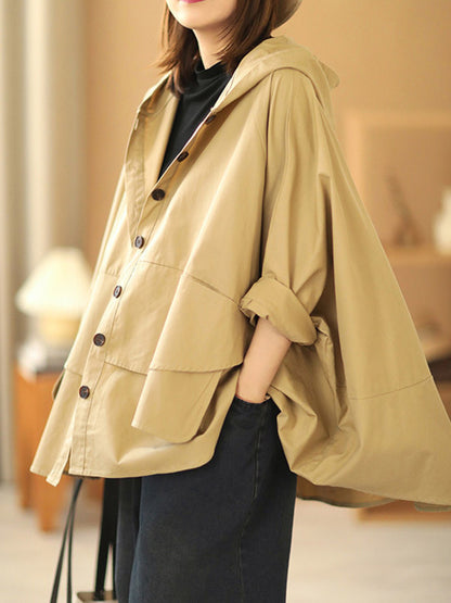 Urban Buttoned Solid Color Hooded Batwing Sleeve Loose Outerwear