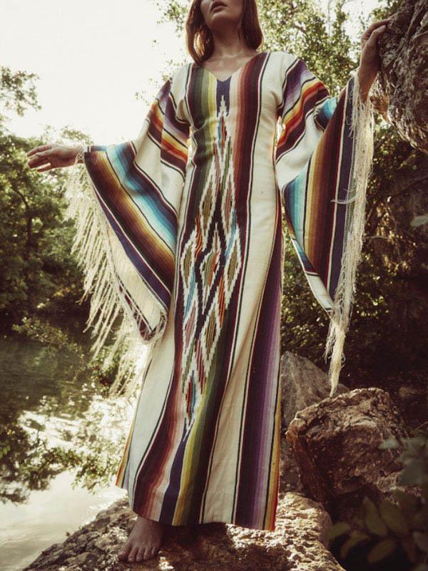 Tasseled Flared Sleeves Printed Maxi Dress