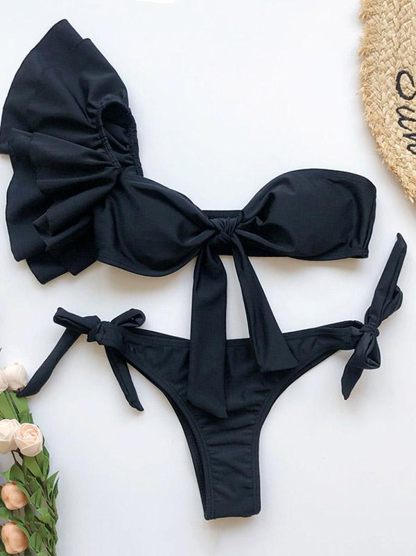 Strapless One-Shoulder Falbala Bandage Bikini Swimsuit