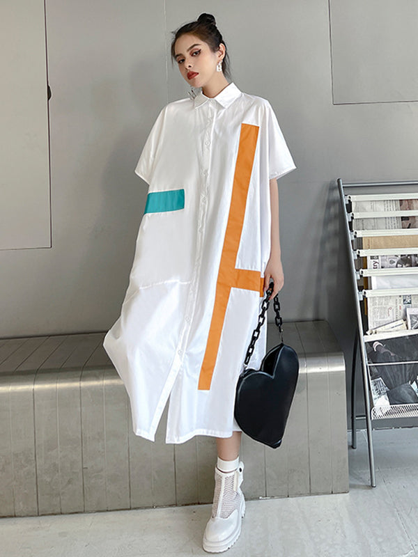 Original Loose Contrast Color Striped Printed Midi Shirt Dress