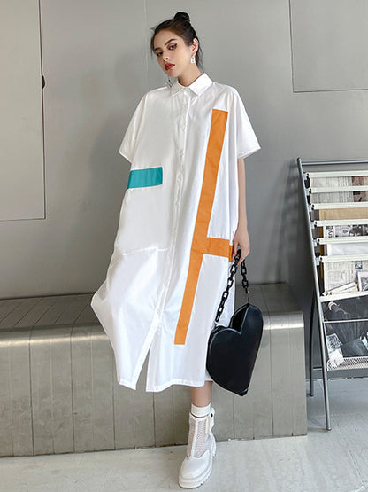 Original Loose Contrast Color Striped Printed Midi Shirt Dress
