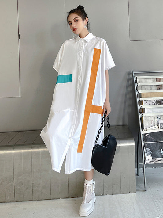 Original Loose Contrast Color Striped Printed Midi Shirt Dress