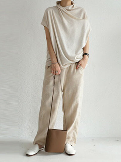 Casual Irregular Solid Color Pleated Heaps Collar Short Sleeves T-Shirt