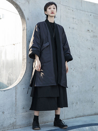 Fashion Solid Color Split-Side Long Sleeves Bandage  Cotton-Padded Coat