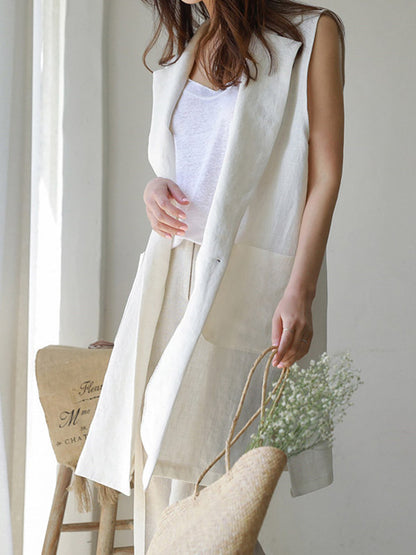Simple Solid Color Split-Joint With Pocket Linen Notched Collar Vest Outwear