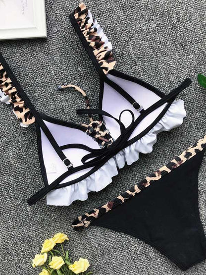 Lace Up Falbala Bikinis Swimwear