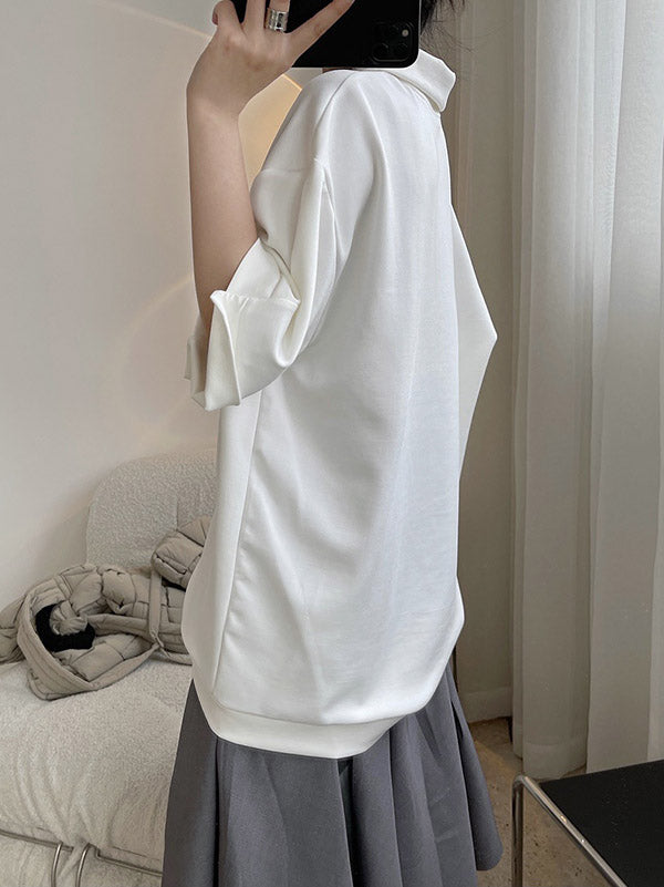 Girlish Loose Black&White V-Neck Half Sleeves T-Shirts