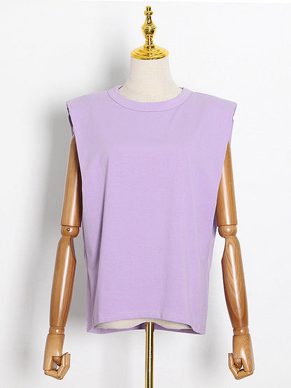 Casual Solid Color Round-Neck Cap Sleeve Vest Tops