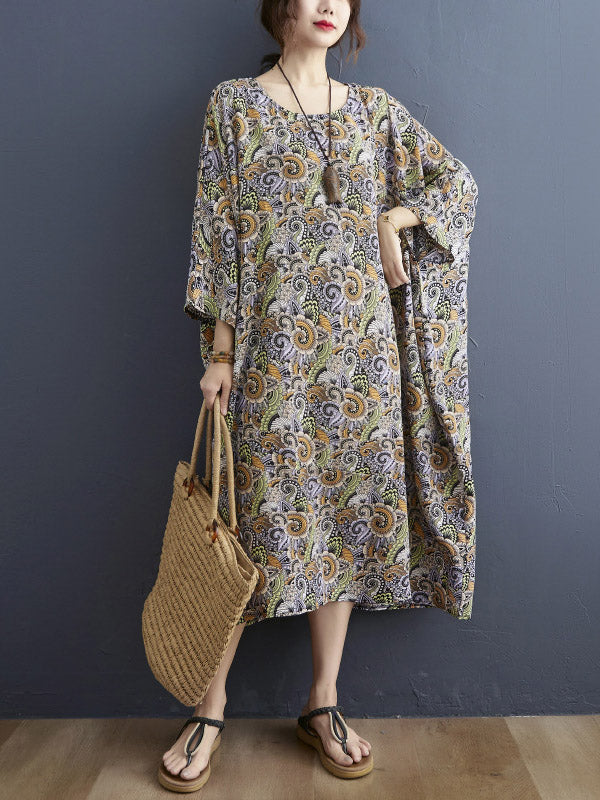 Loose National Floral Printed Round-Neck Batwing Sleeves Midi Dress