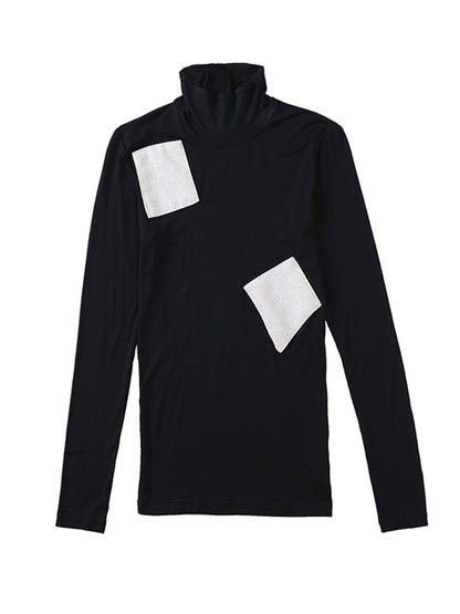 Casual Contrast Color Split-Joint High-Neck Long Sleeves T-Shirt Tops