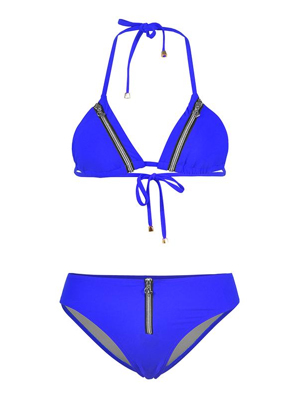 Plain Zipper Spaghetti Strap Bikini Swimsuit