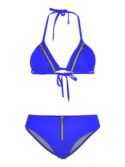 Plain Zipper Spaghetti Strap Bikini Swimsuit