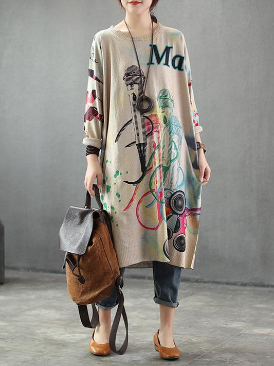Loose Printed Knitting Sweater Dresses