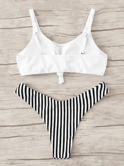 White Top With Striped Panty Bikini Set