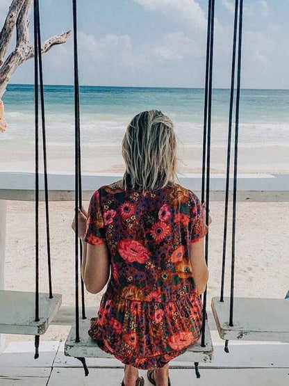 Printed V-neck Short Sleeve Mini Dress