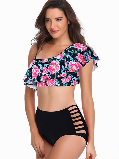 Sexy Single Shoulder Falbala Printed Tankini