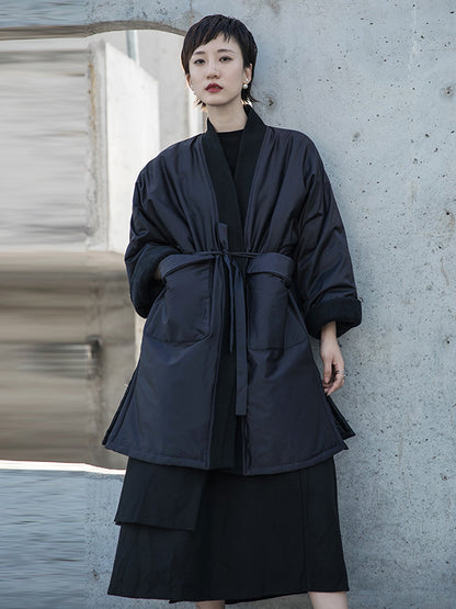 Fashion Solid Color Split-Side Long Sleeves Bandage  Cotton-Padded Coat
