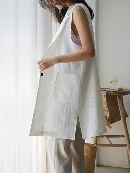 Simple Solid Color Split-Joint With Pocket Linen Notched Collar Vest Outwear