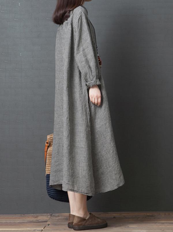 Linen Plaid Plus Size Loose Shirt Midi Dresses
