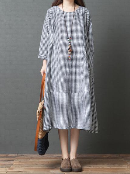 Loose Plaid Round-neck Long Sleeves Dress