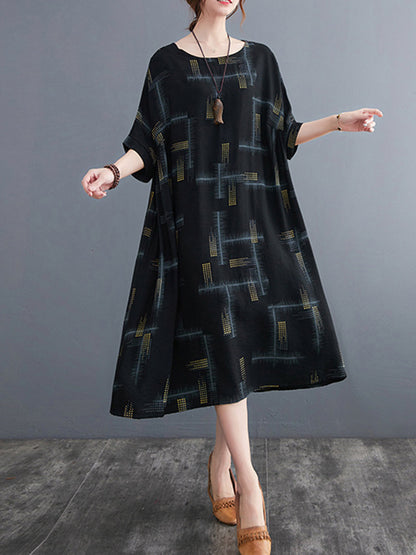 Artistic Retro Loose Striped Printed Contrast Color Midi Dress