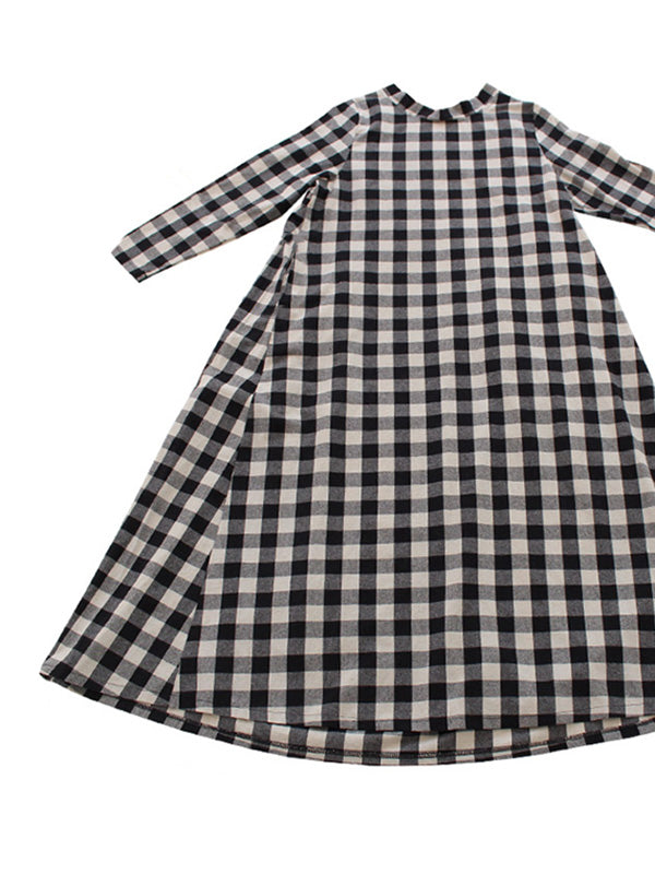 Artistic Retro Loose A-Line Plaid Stand Collar Long Sleeves Maxi Dress