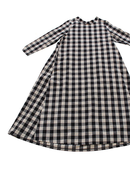 Artistic Retro Loose A-Line Plaid Stand Collar Long Sleeves Maxi Dress