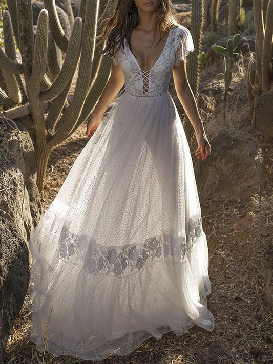 V-neck Backless Maxi Wedding Dress