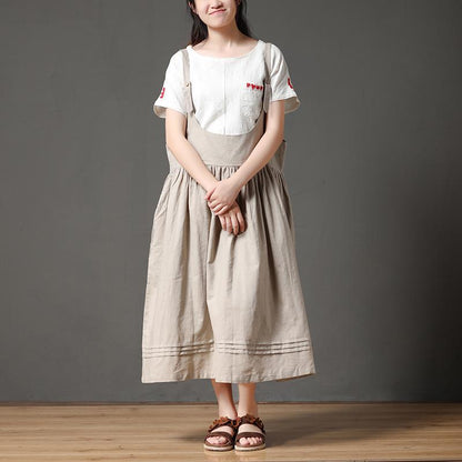 Beige Cotton Linen Loose Women Pleated Casual Dress