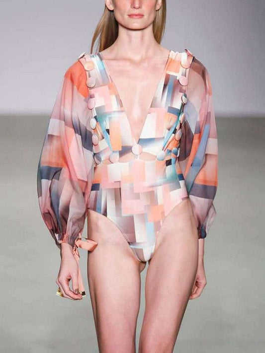 Special Deep V-Neck Bubbles Long Sleeves One-Piece Swimwear