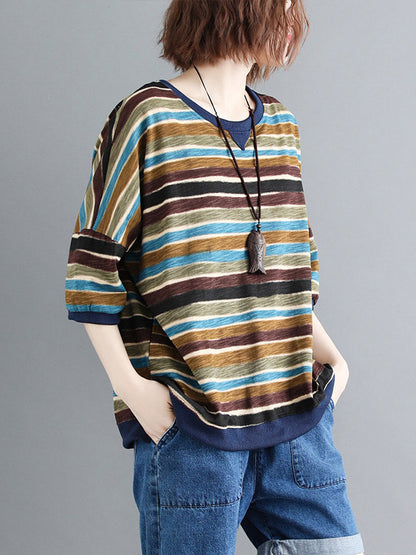 Casual Contrast Color Striped Short Sleeves T-Shirt Top