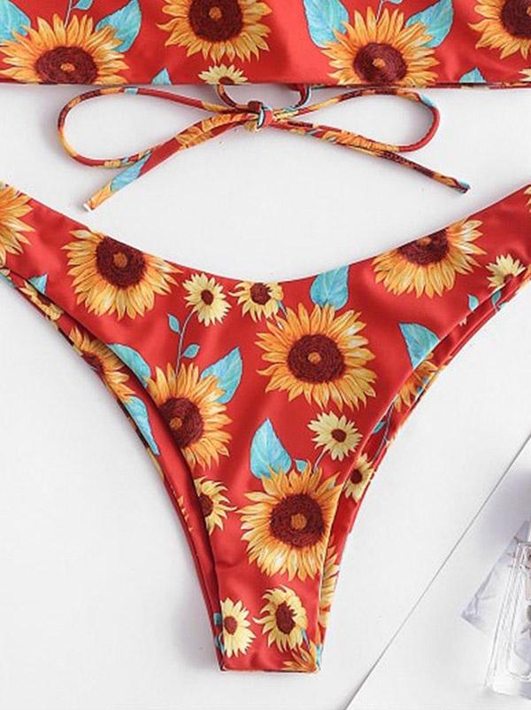 Floral-Print Bandage Bandeau Split Bikini Swimsuit